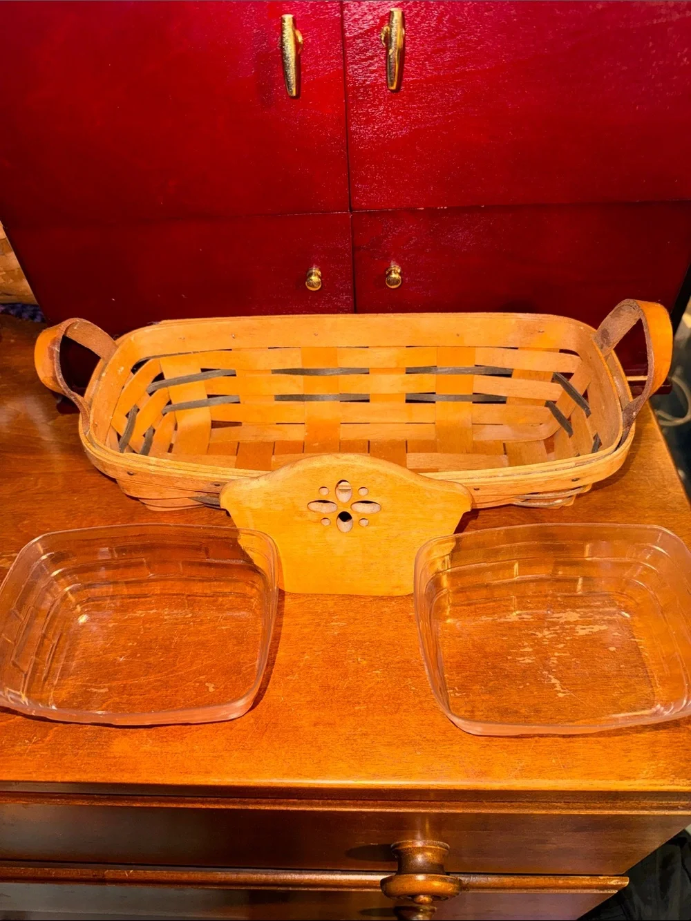 Vintage Loungaberger Handwoven Wood Basket Organizer in Light Brown